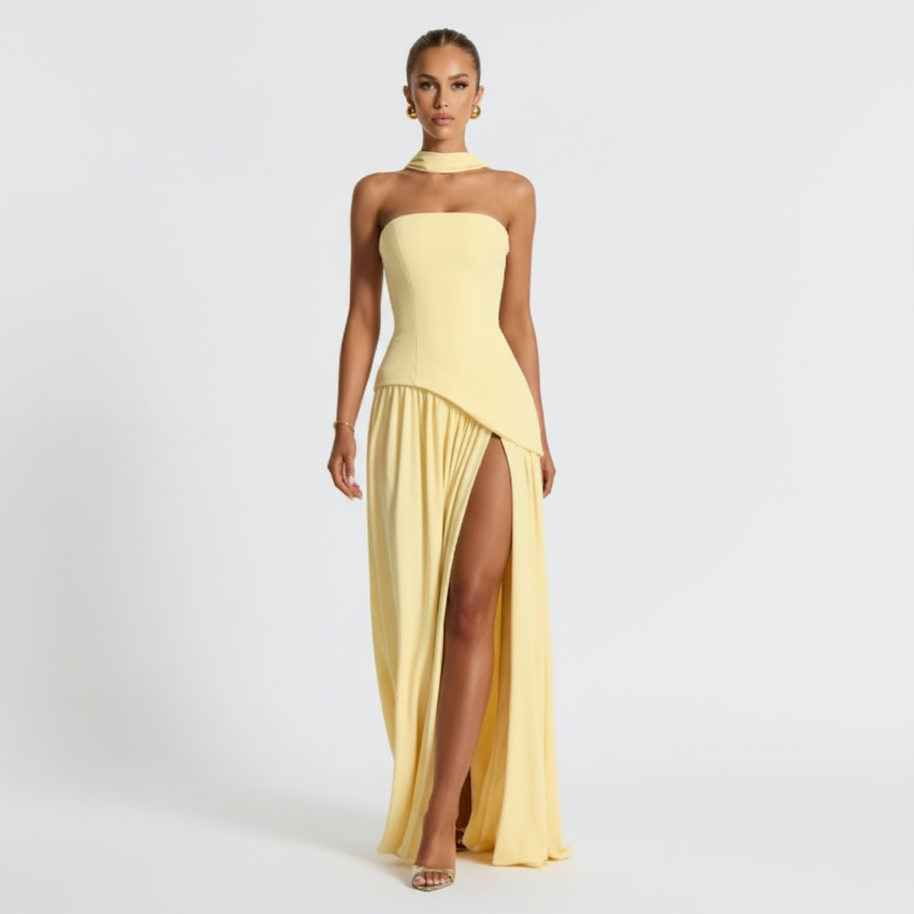 Sophia | Vestido de Mujer para Invitada de Boda con Escote Sin Tirantes y Abertura Lateral | Elegante
