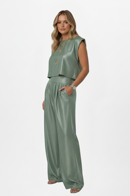 Eva - Conjunto de dos piezas con top corto y pantalón de pierna ancha.