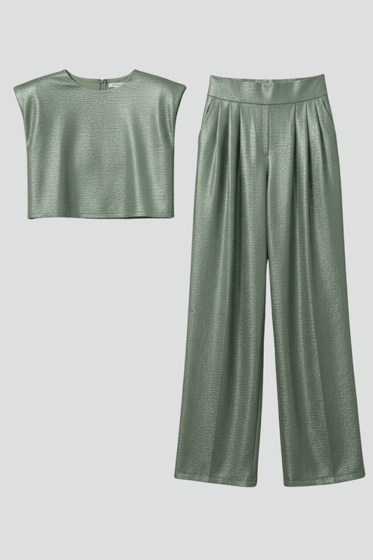 Eva - Conjunto de dos piezas con top corto y pantalón de pierna ancha.