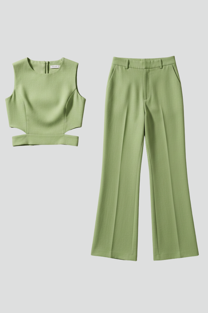Saté - Conjunto de dos piezas para mujer con top sin mangas y pantalón de talle alto.