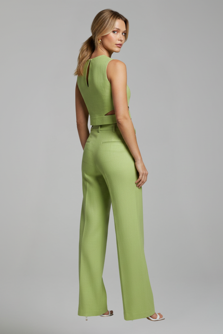 Saté - Conjunto de dos piezas para mujer con top sin mangas y pantalón de talle alto.