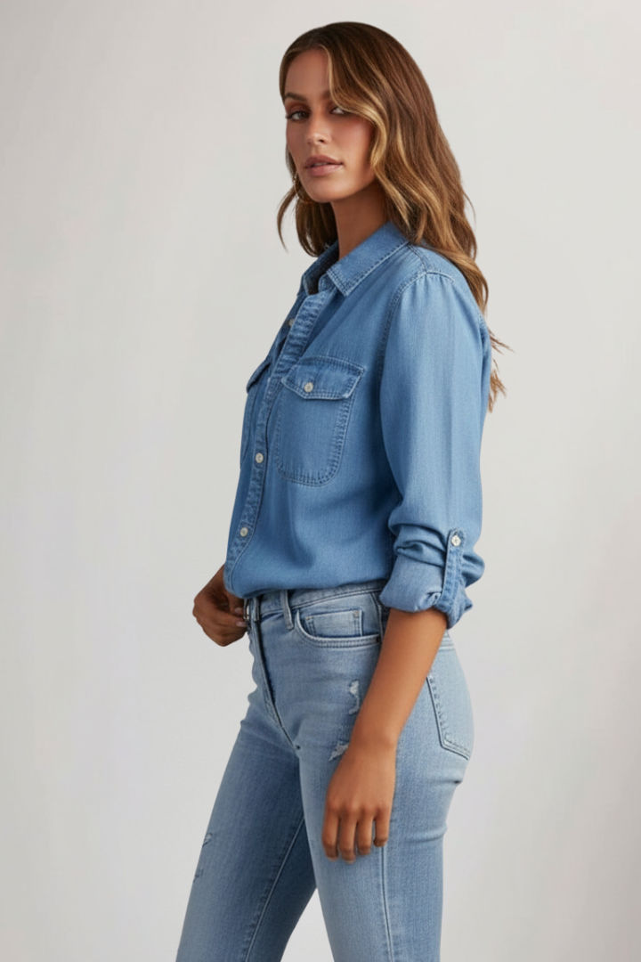 Carla - Camisa vaquera de mujer con botones delanteros y mangas largas.