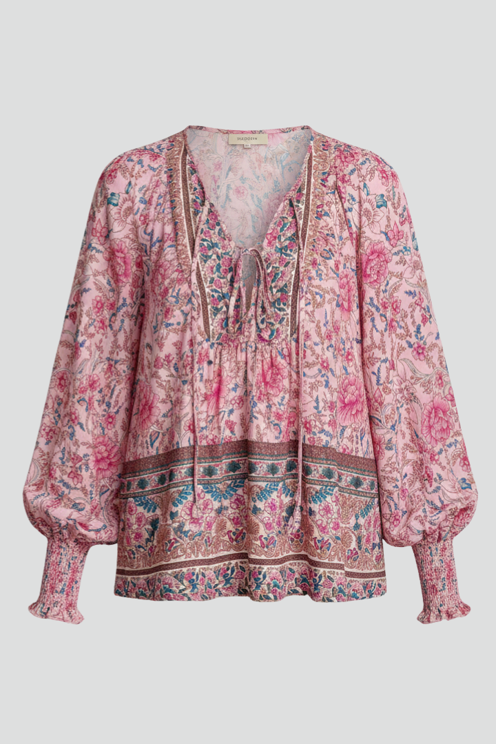 Estela - Blusa floral para mujer con escote en V y detalle de lazo.