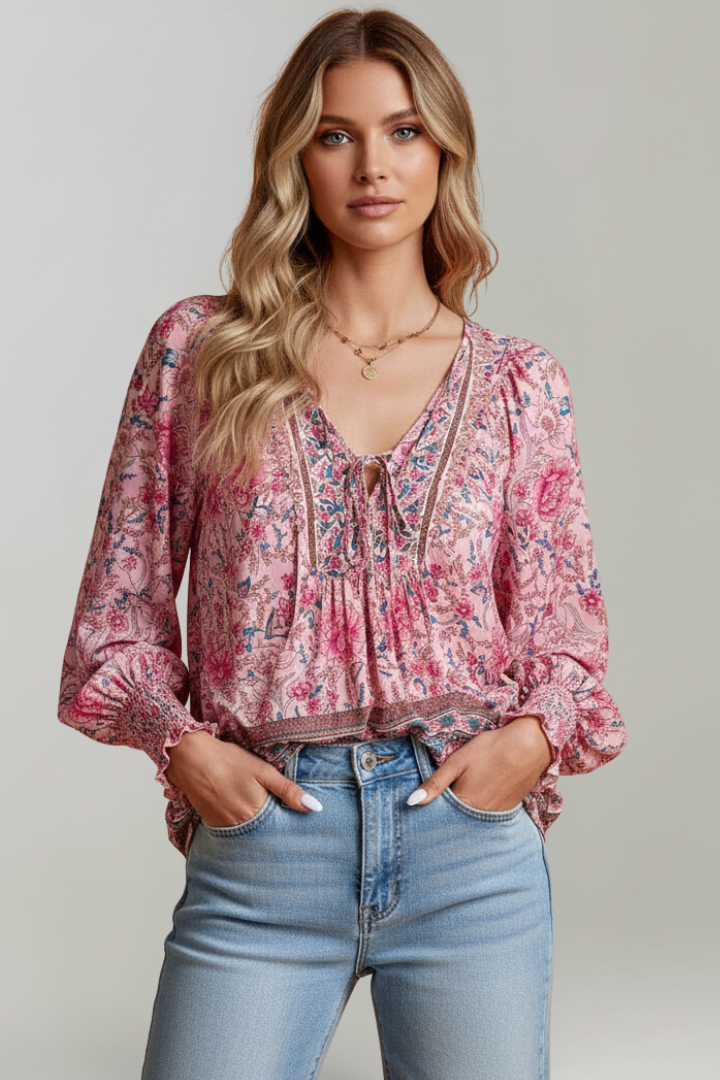 Estela - Blusa floral para mujer con escote en V y detalle de lazo.