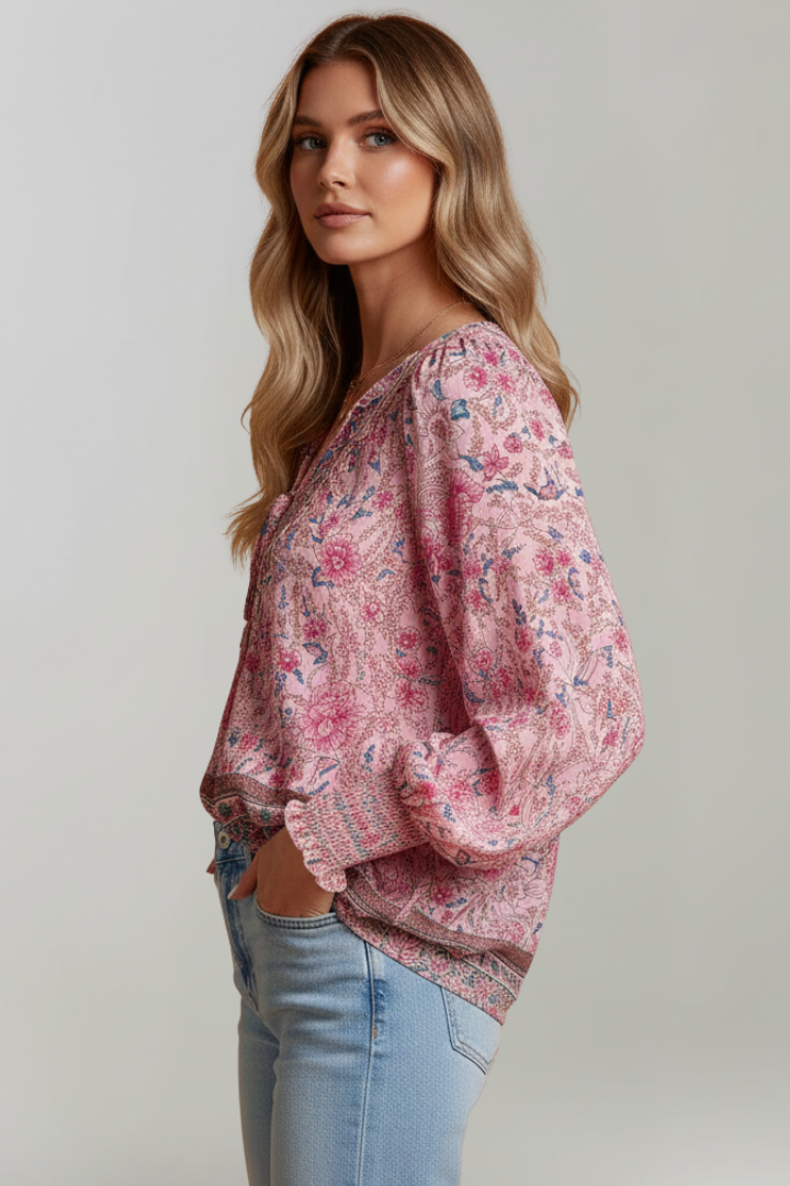 Estela - Blusa floral para mujer con escote en V y detalle de lazo.