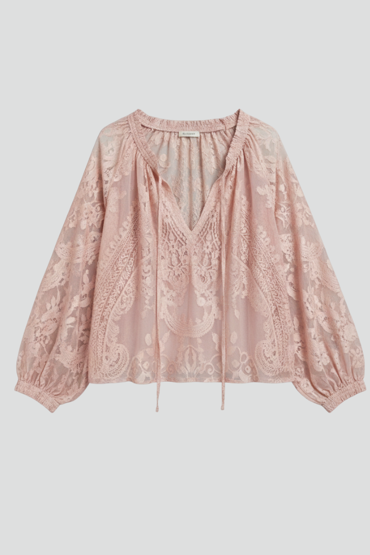 Selva - Blusa transparente para mujer con detalle de ganchillo y escote con lazo.