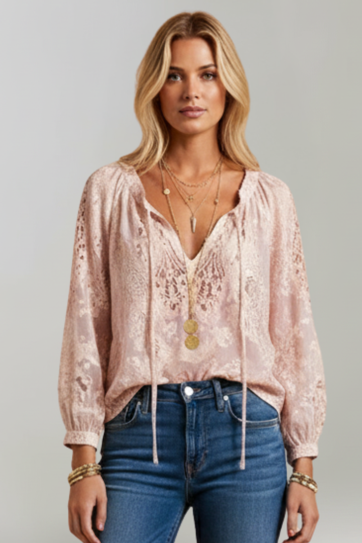 Selva - Blusa transparente para mujer con detalle de ganchillo y escote con lazo.