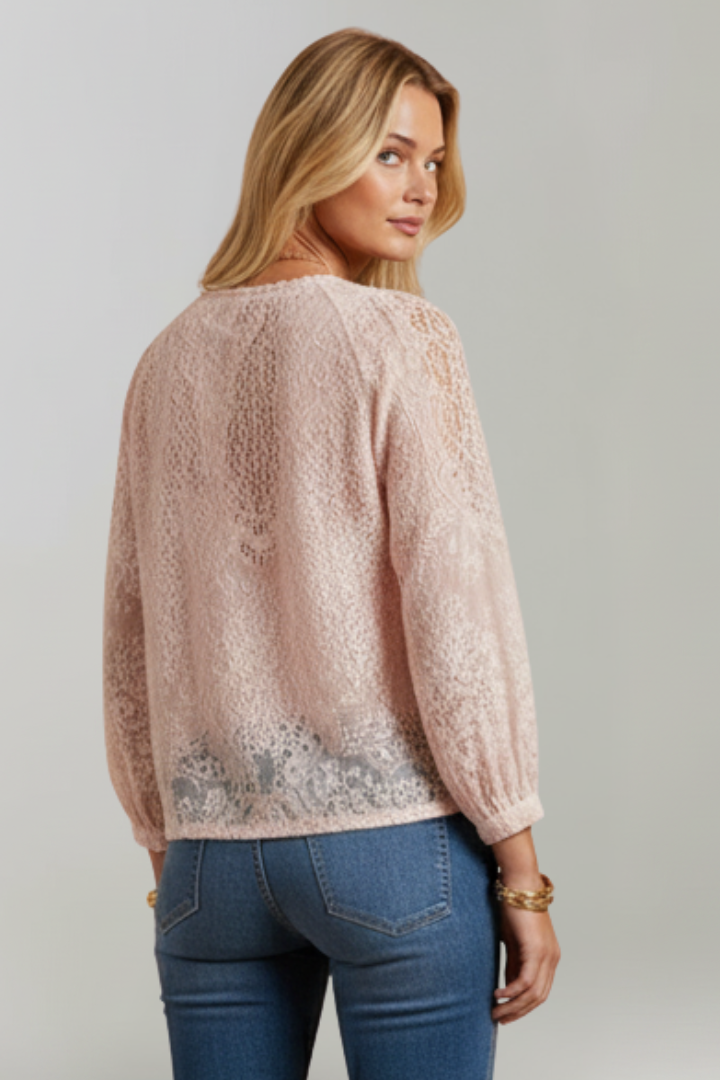 Selva - Blusa transparente para mujer con detalle de ganchillo y escote con lazo.