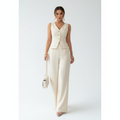 Conjunto de Pantalón Ancho Crema de Mujer con Corte de Chaleco Elegante