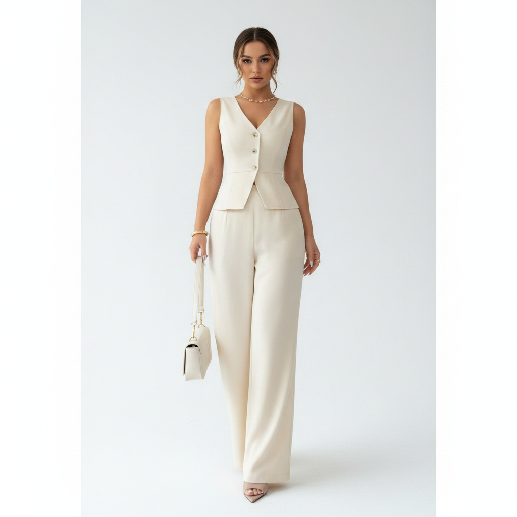 Conjunto de Pantalón Ancho Crema de Mujer con Corte de Chaleco Elegante