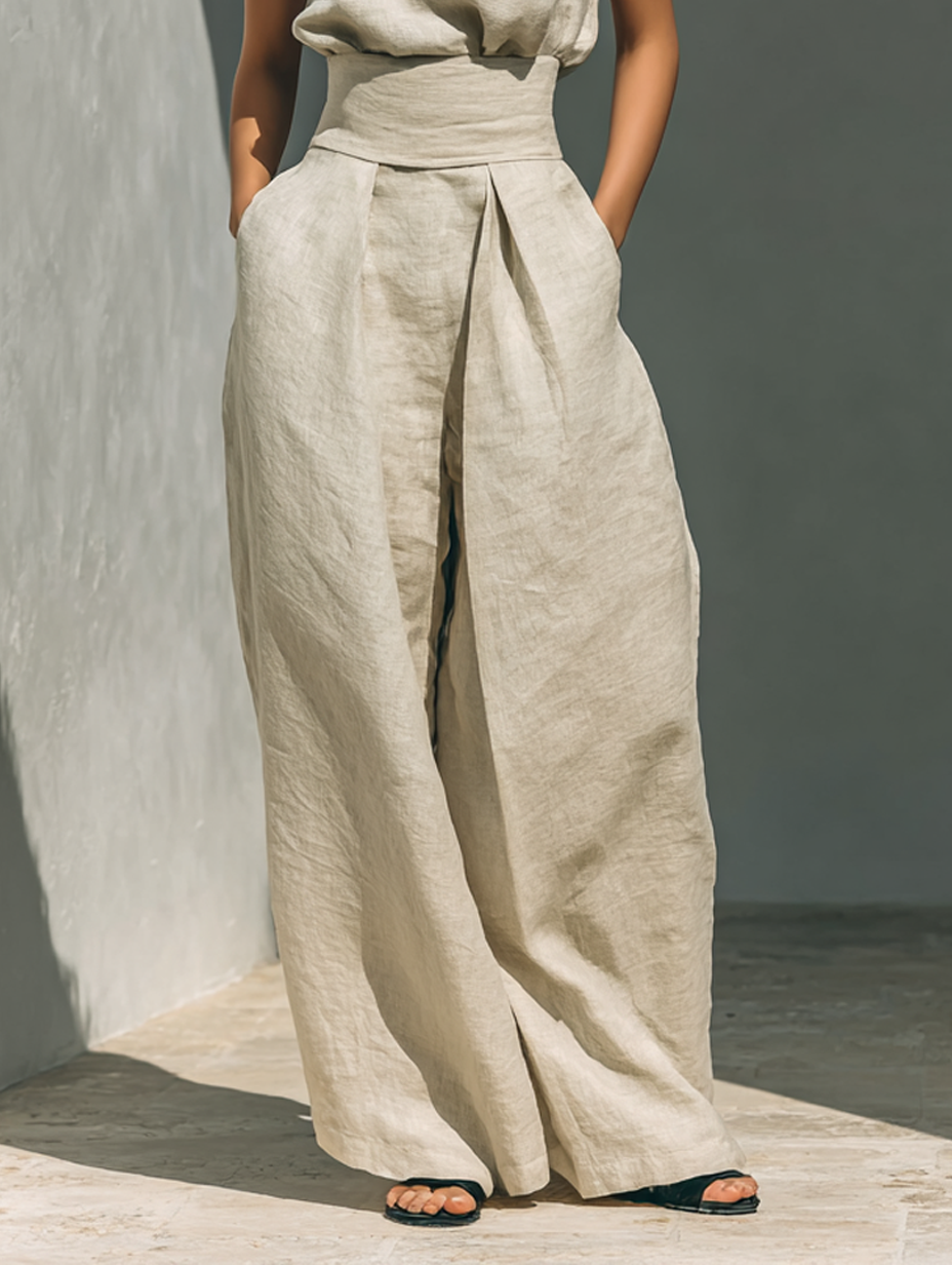 Aurora | Conjunto Coordinado Beige Relajado sin Mangas con Pantalón de Pernera Ancha