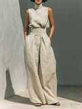 Aurora | Conjunto Coordinado Beige Relajado sin Mangas con Pantalón de Pernera Ancha