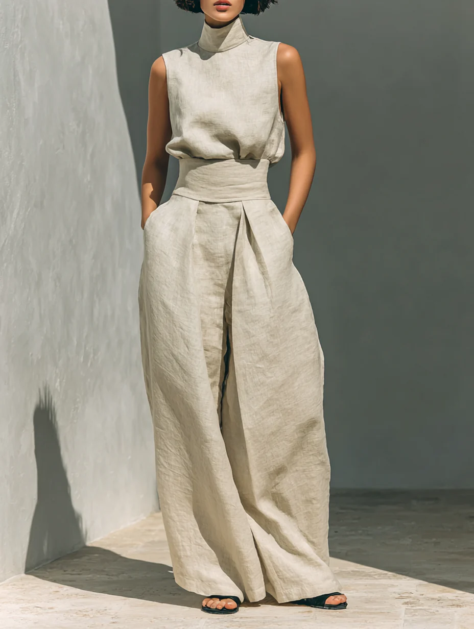 Aurora | Conjunto Coordinado Beige Relajado sin Mangas con Pantalón de Pernera Ancha