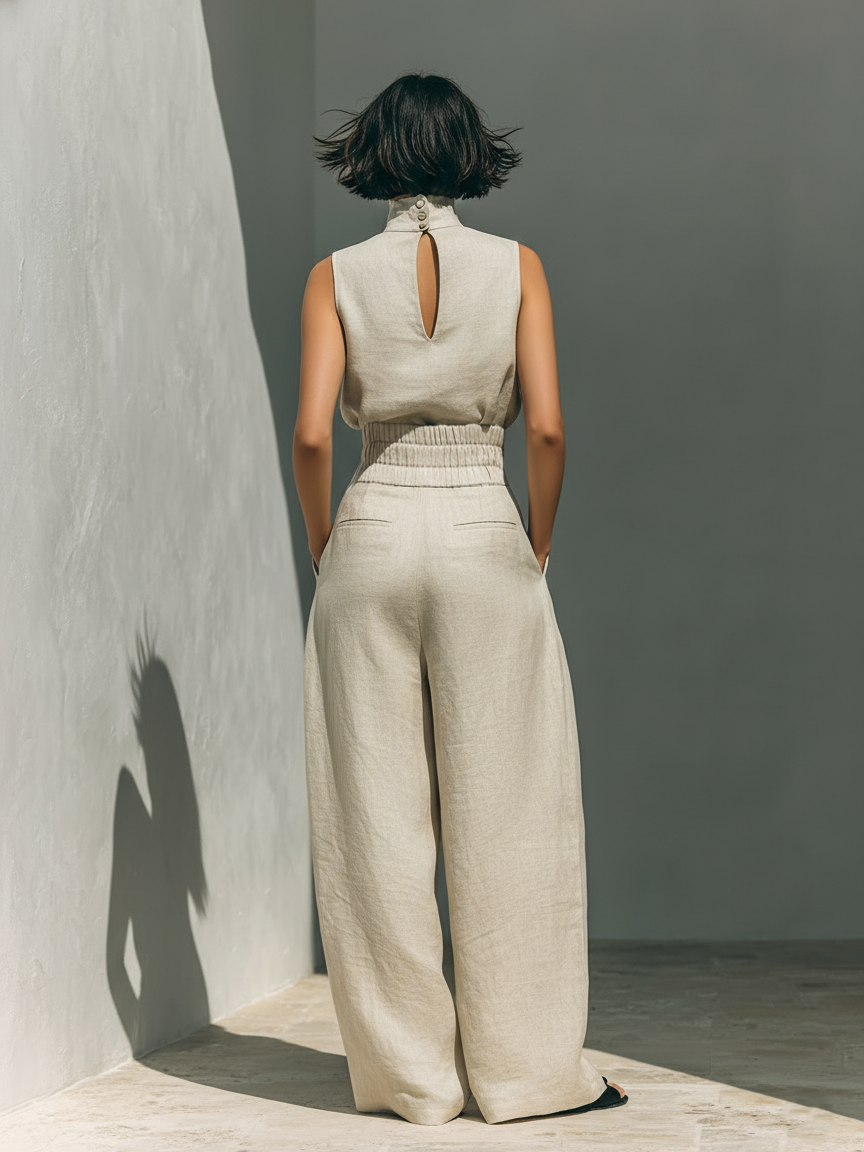 Aurora | Conjunto Coordinado Beige Relajado sin Mangas con Pantalón de Pernera Ancha