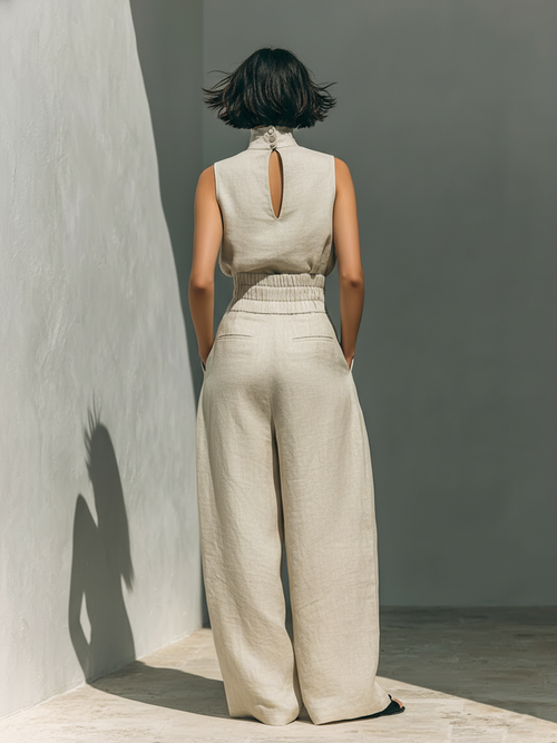 Aurora | Conjunto Coordinado Beige Relajado sin Mangas con Pantalón de Pernera Ancha