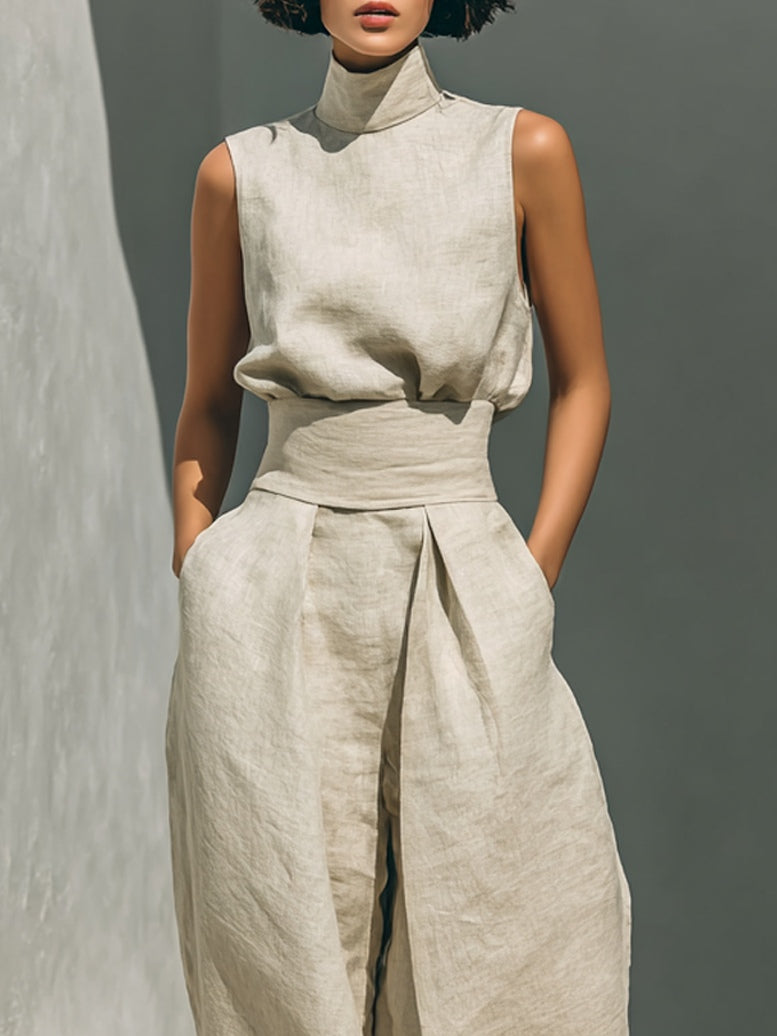Aurora | Conjunto Coordinado Beige Relajado sin Mangas con Pantalón de Pernera Ancha
