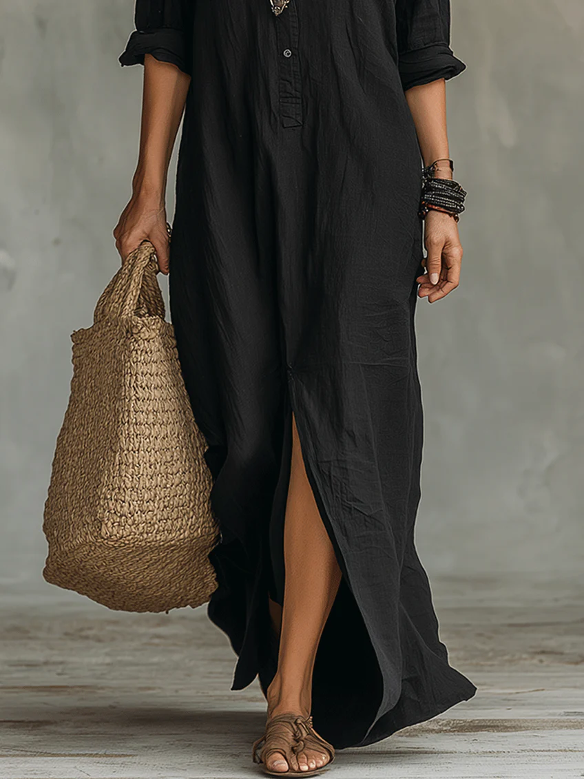 Selena | Vestido Maxi Negro Oversize con Botones