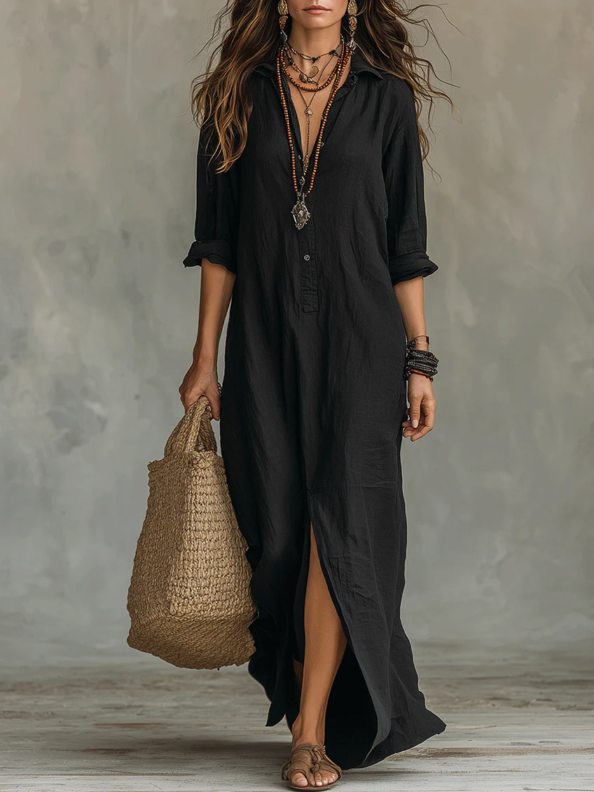 Selena | Vestido Maxi Negro Oversize con Botones