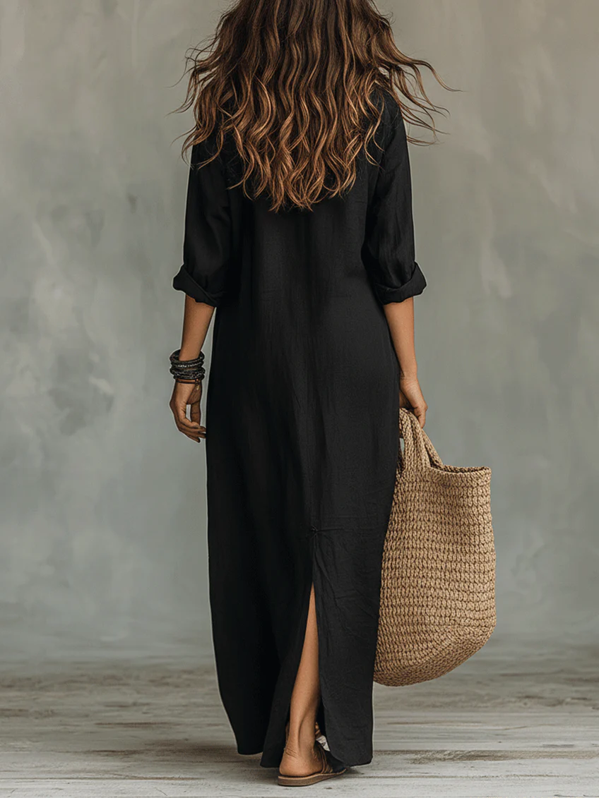 Selena | Vestido Maxi Negro Oversize con Botones