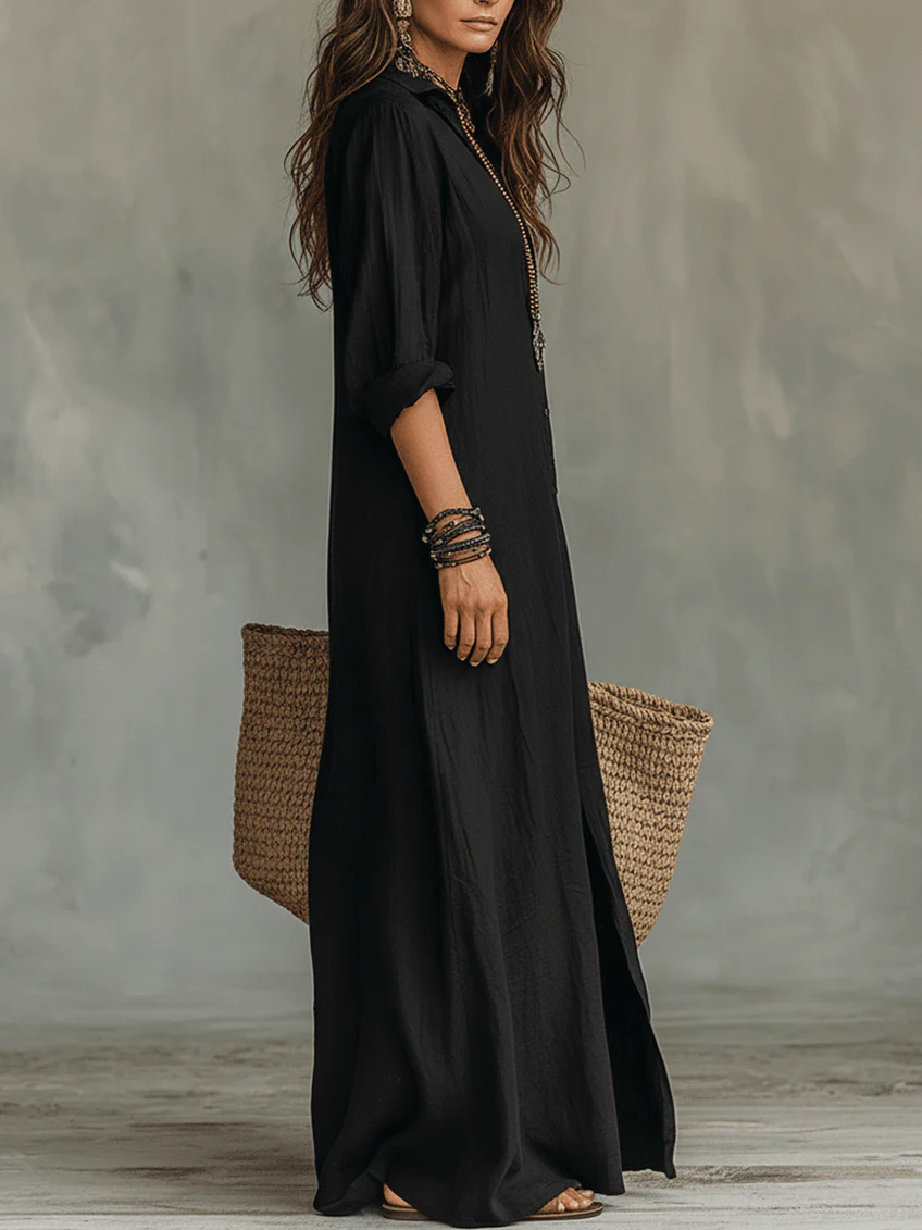 Selena | Vestido Maxi Negro Oversize con Botones