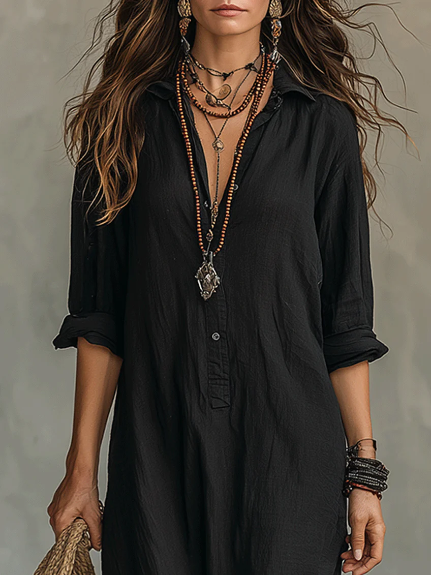 Selena | Vestido Maxi Negro Oversize con Botones