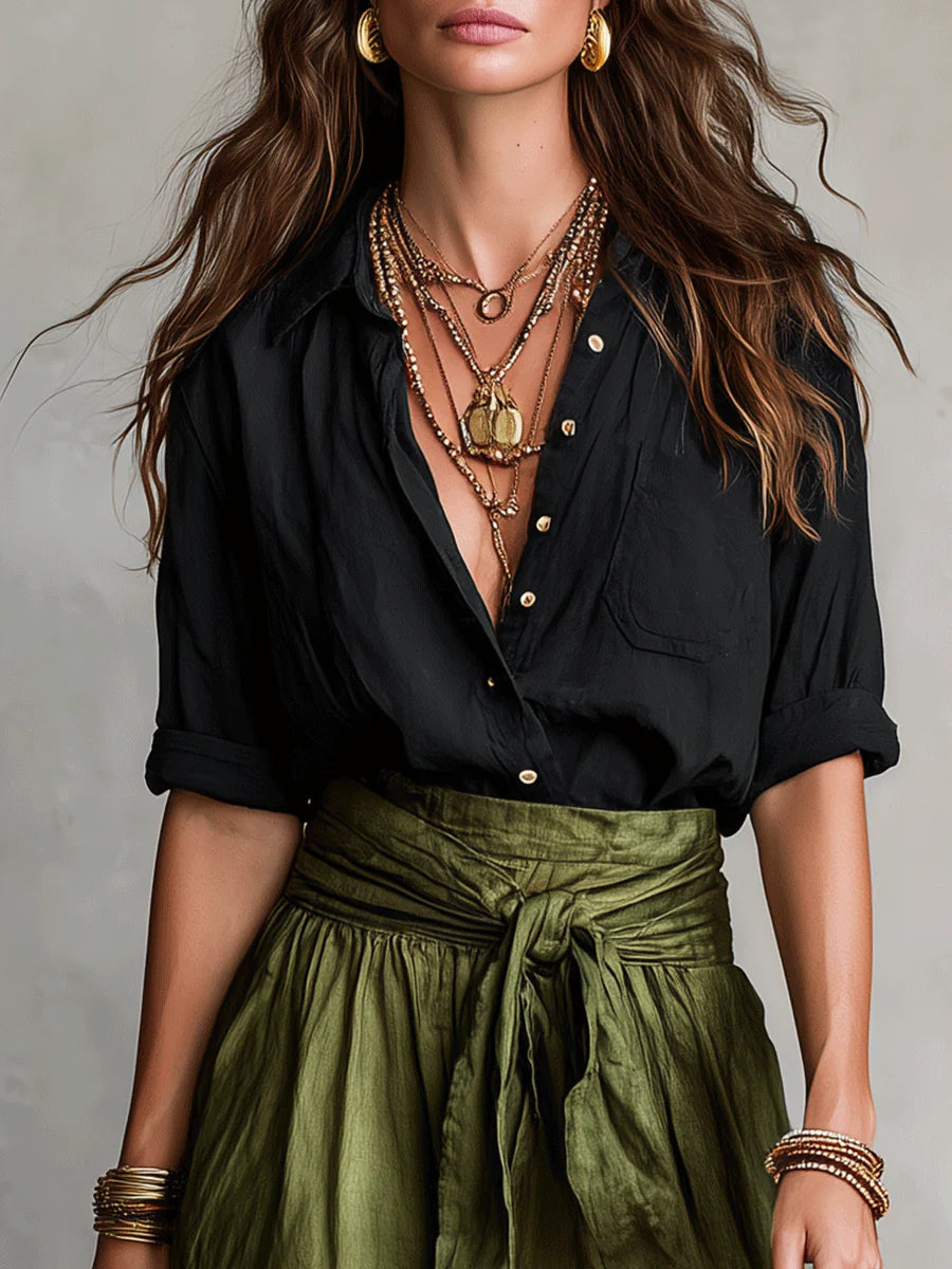 Vera | Conjunto de Dos Piezas con Top Negro y Falda Midi Verde Oliva
