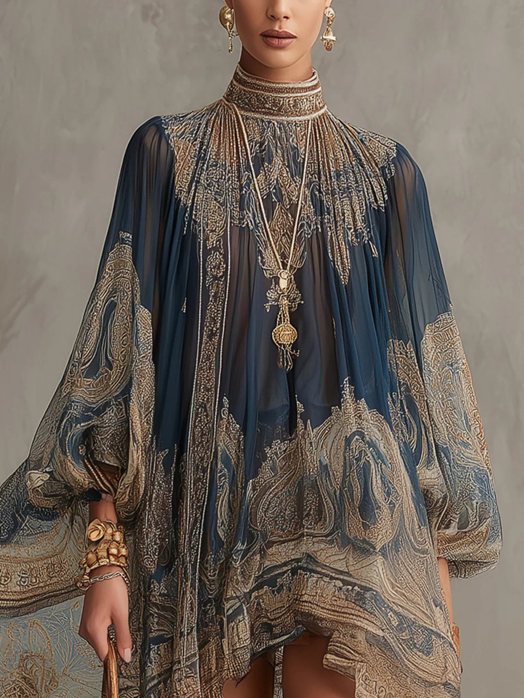 Daniela - Vestido Mini de Gasa Azul Marino con Estampado Barroco, Cuello Alto y Bajo Asimétrico