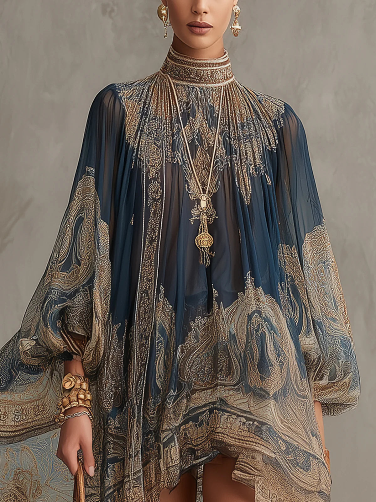 Daniela - Vestido Mini de Gasa Azul Marino con Estampado Barroco, Cuello Alto y Bajo Asimétrico