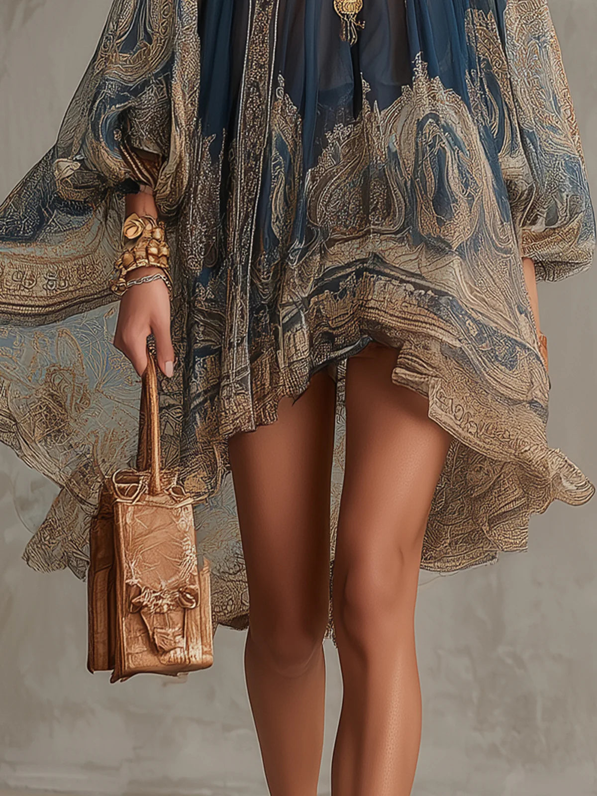 Daniela - Vestido Mini de Gasa Azul Marino con Estampado Barroco, Cuello Alto y Bajo Asimétrico