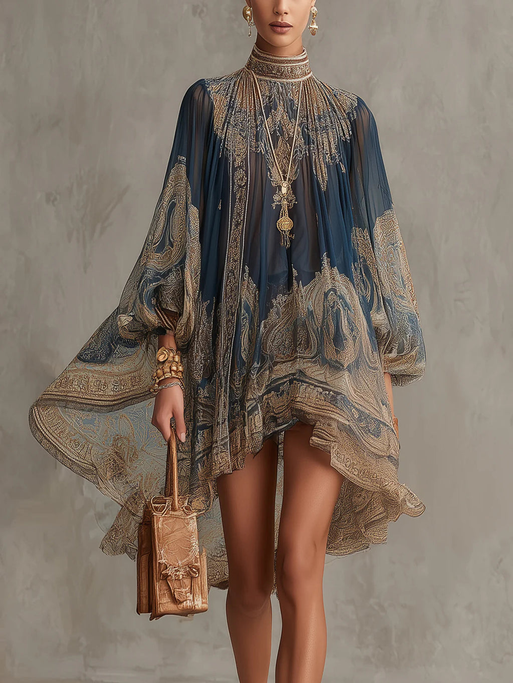 Daniela - Vestido Mini de Gasa Azul Marino con Estampado Barroco, Cuello Alto y Bajo Asimétrico
