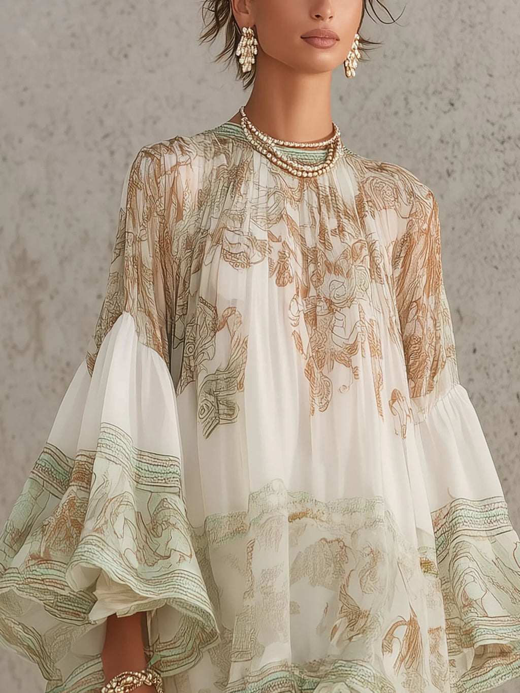 Claudia - Vestido Mini de Gasa con Estampado Verde, Volantes en el Bajo y Mangas con Volante Acampanado