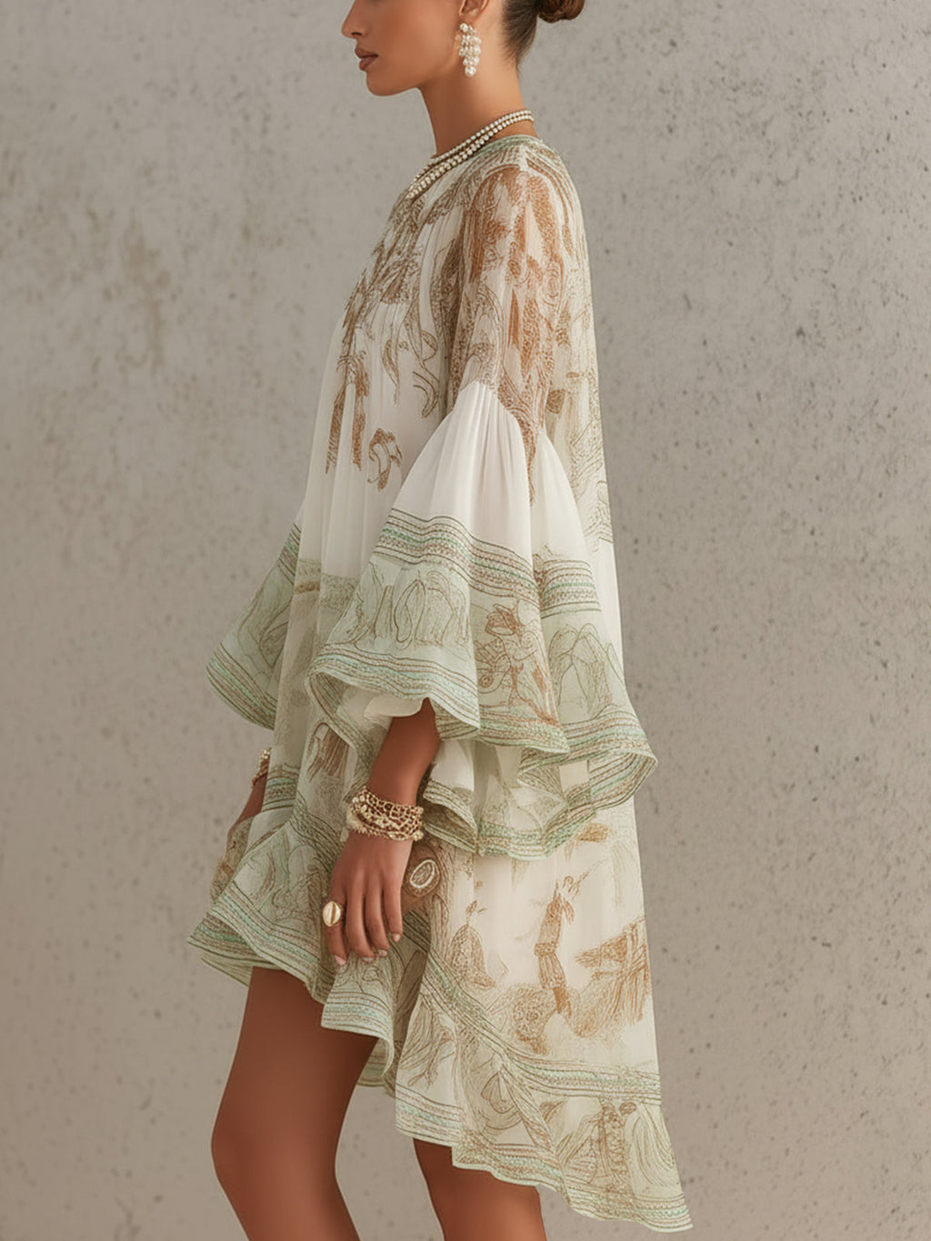 Claudia - Vestido Mini de Gasa con Estampado Verde, Volantes en el Bajo y Mangas con Volante Acampanado