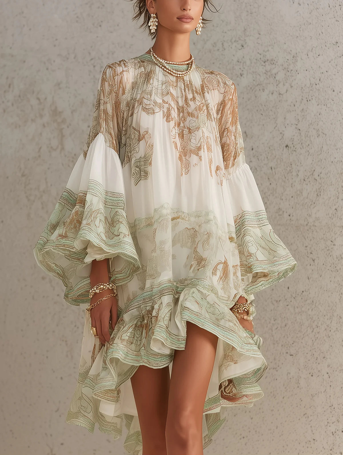 Claudia - Vestido Mini de Gasa con Estampado Verde, Volantes en el Bajo y Mangas con Volante Acampanado