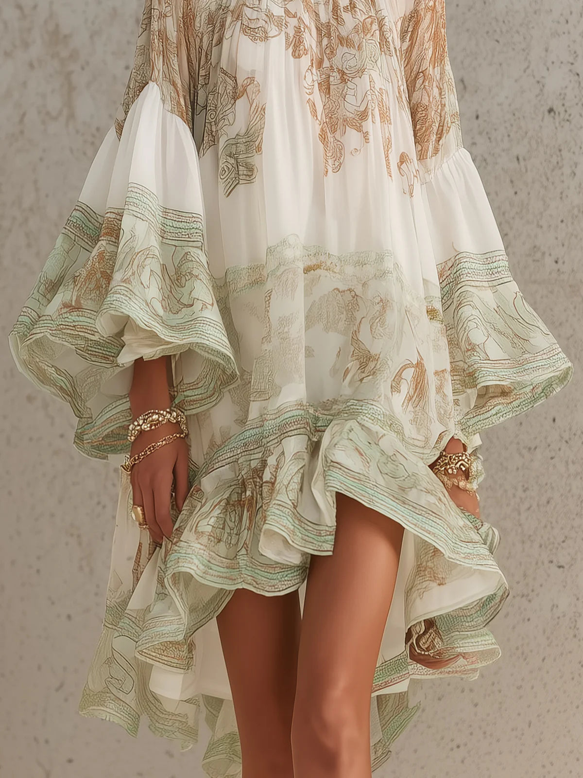 Claudia - Vestido Mini de Gasa con Estampado Verde, Volantes en el Bajo y Mangas con Volante Acampanado