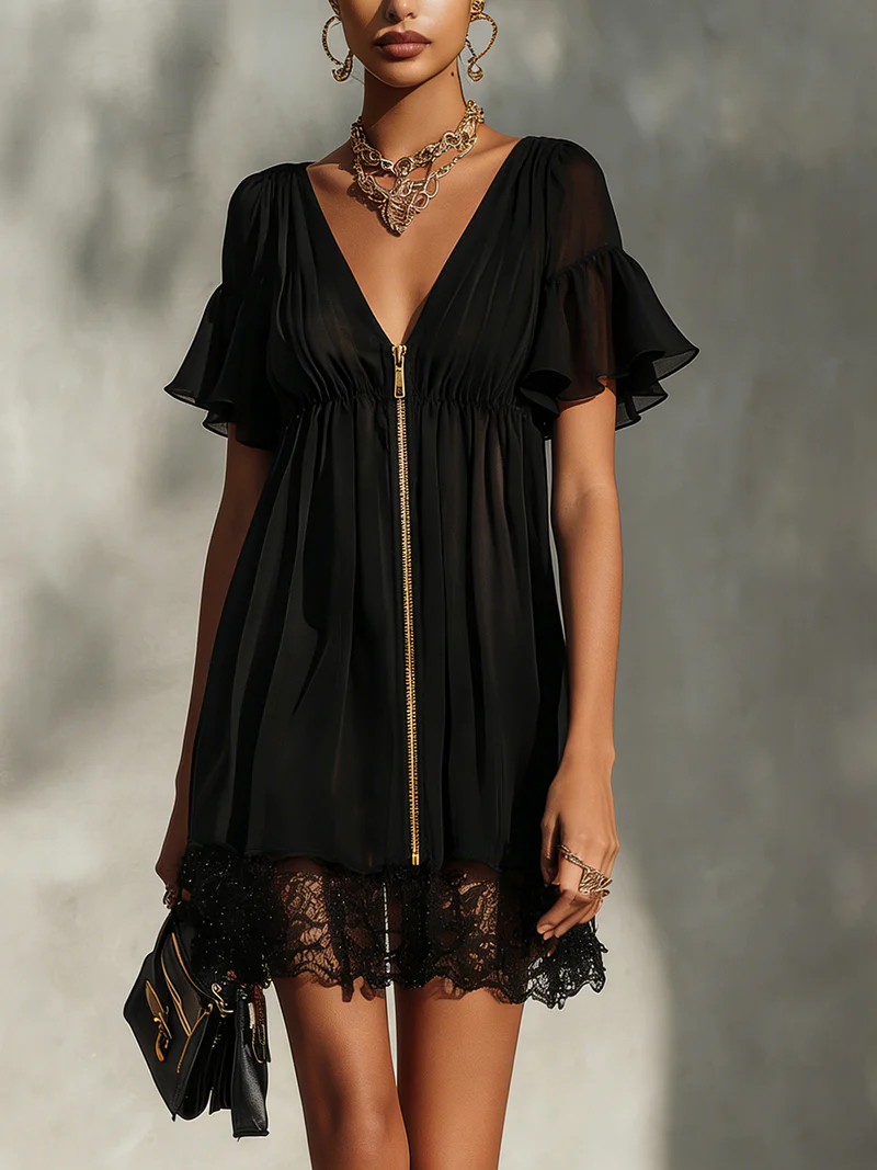 Valentina - Vestido Mini Negro con Cremallera, Escote en V, Detalles de Encaje y Volantes Decorativos