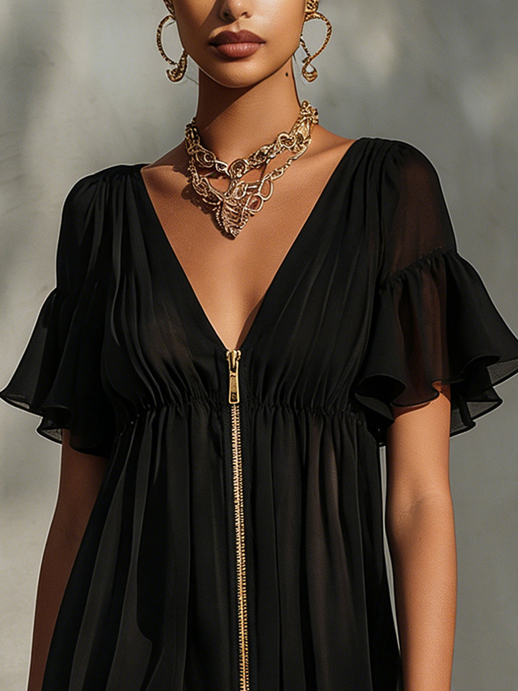 Valentina - Vestido Mini Negro con Cremallera, Escote en V, Detalles de Encaje y Volantes Decorativos