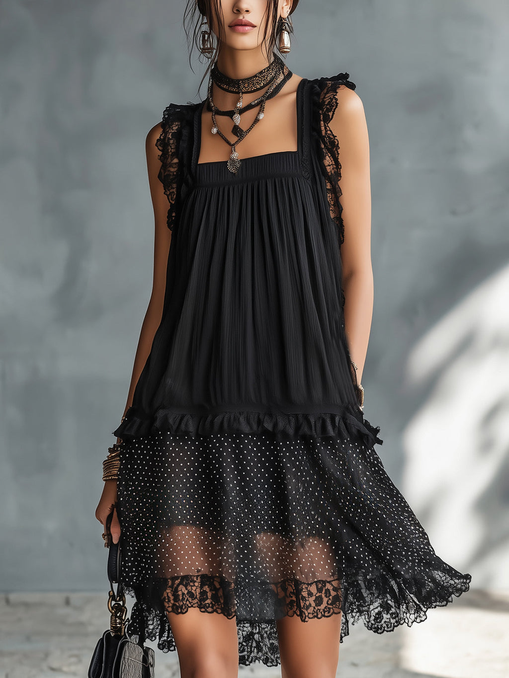 Martina - Vestido Mini Negro de Lunares Semitransparente con Detalles de Encaje y Volantes Decorativos