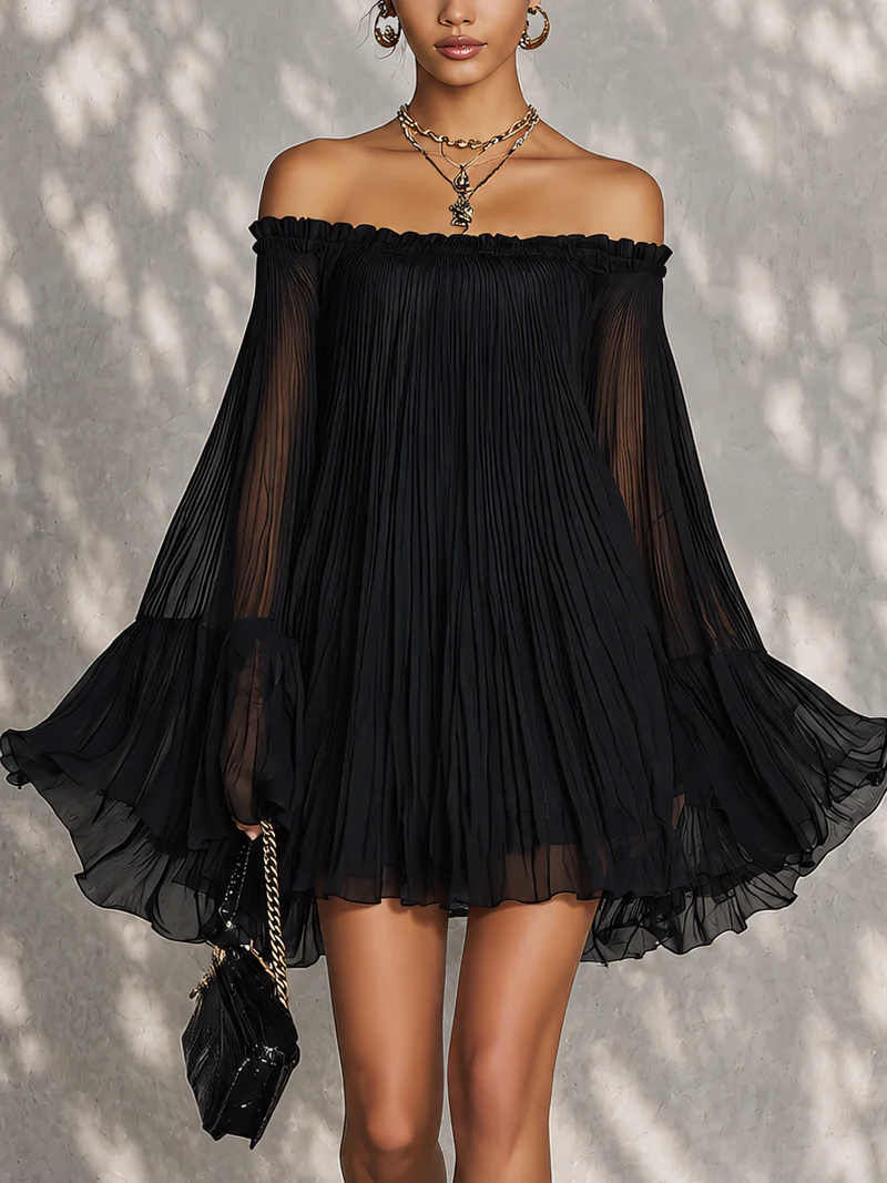 Camila - Vestido Mini Negro con Hombros Descubiertos, Volantes y Mangas Acampanadas