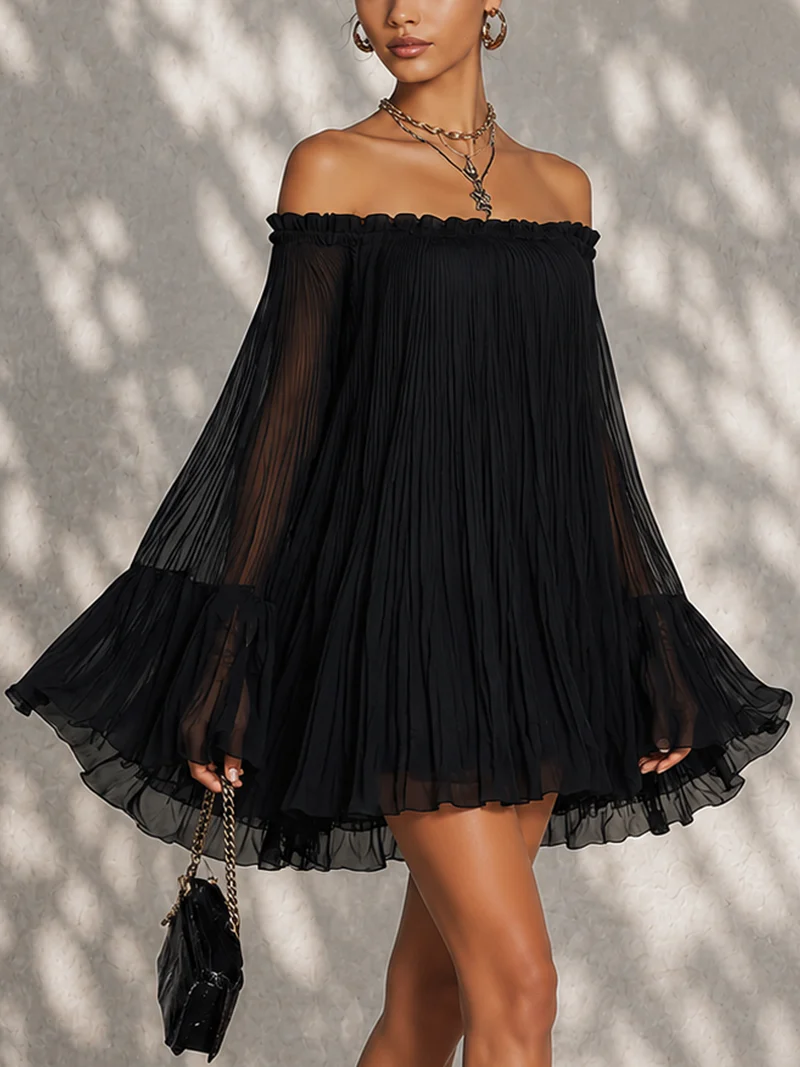 Camila - Vestido Mini Negro con Hombros Descubiertos, Volantes y Mangas Acampanadas