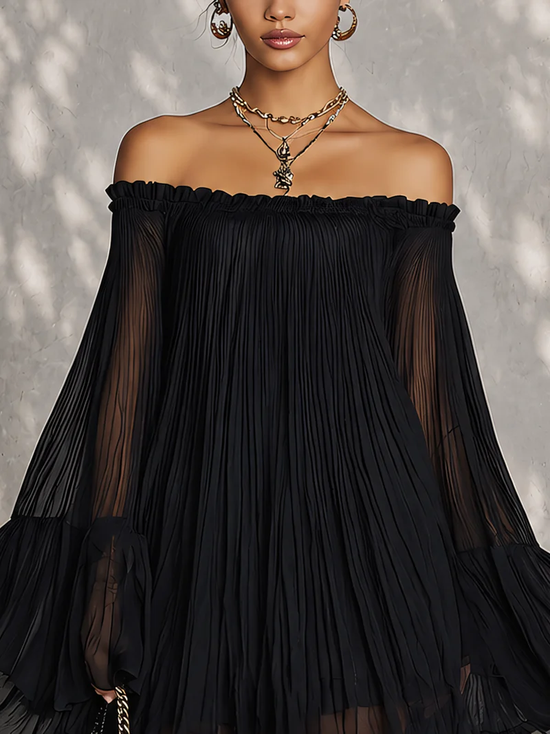 Camila - Vestido Mini Negro con Hombros Descubiertos, Volantes y Mangas Acampanadas