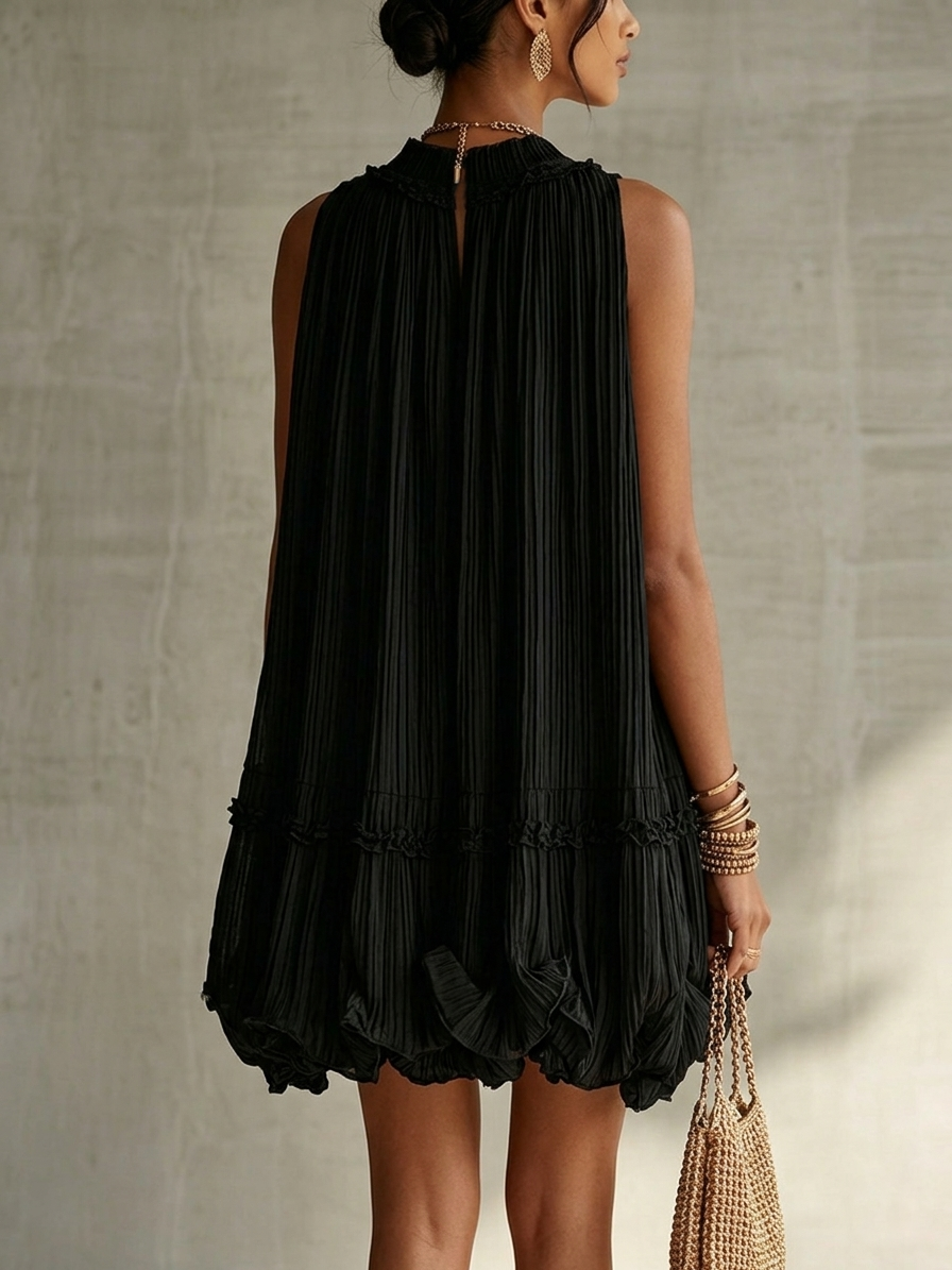 Valeria - Vestido Mini Negro de Gasa con Cuello Halter, Volantes y Falda de Efecto Globo