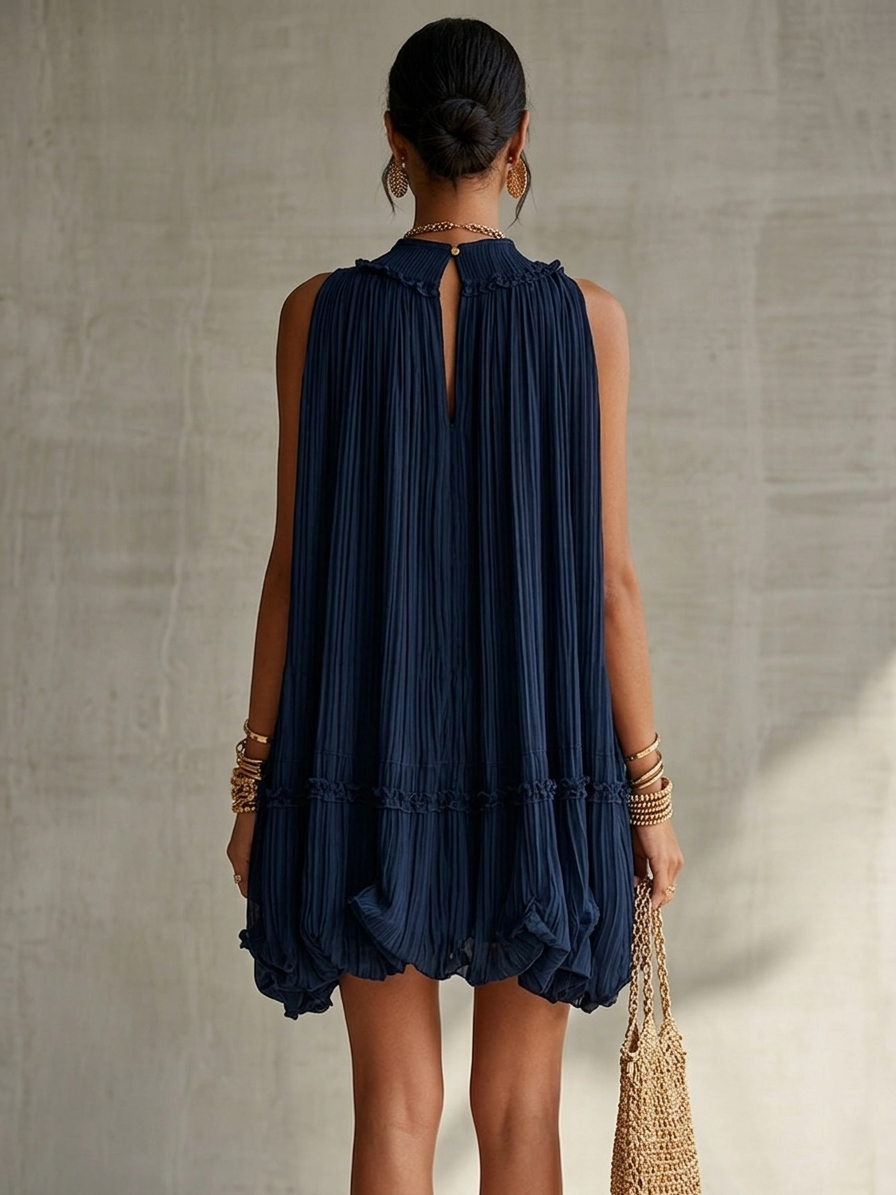 Valeria - Vestido Mini Azul Marino de Gasa con Cuello Halter, Volantes y Falda de Efecto Globo