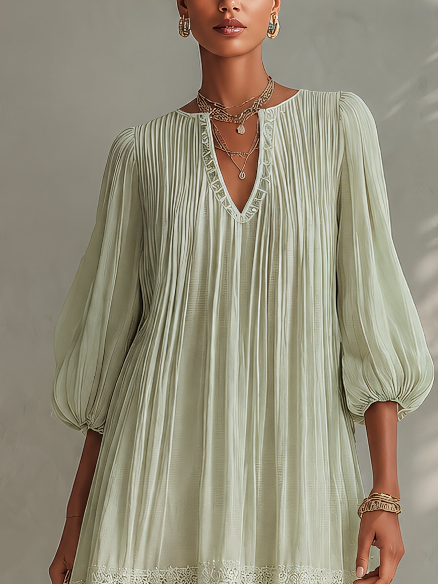 Aitana - Vestido Mini Verde Claro de Gasa Plisada con Mangas Farol y Detalles de Encaje Decorativo