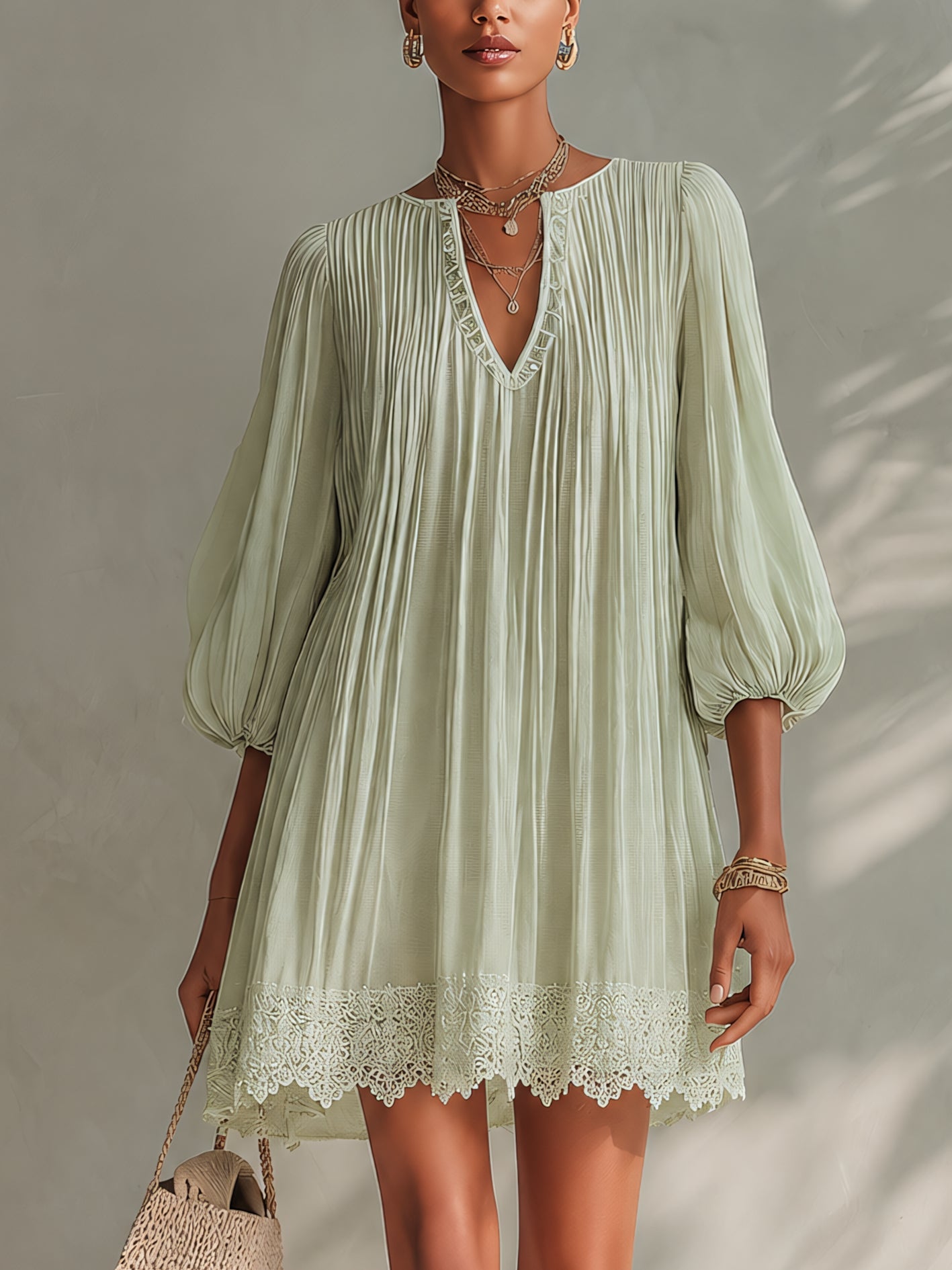 Aitana - Vestido Mini Verde Claro de Gasa Plisada con Mangas Farol y Detalles de Encaje Decorativo