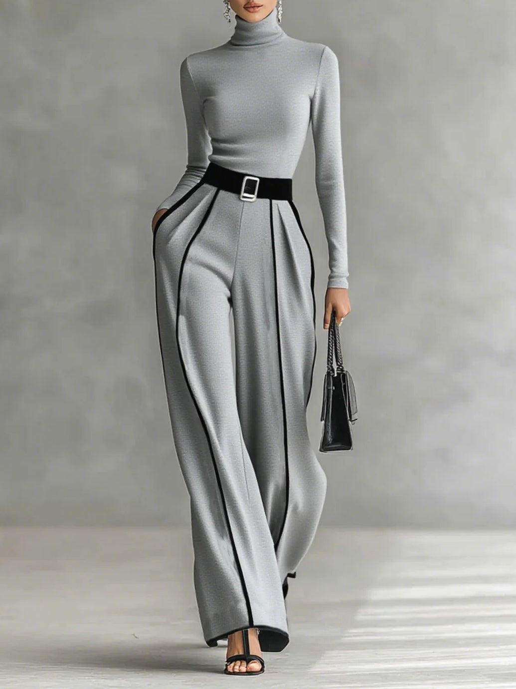 Solana | Conjunto de Cuello Alto, Manga Larga y Pantalón de Pernera Ancha con Cinturón