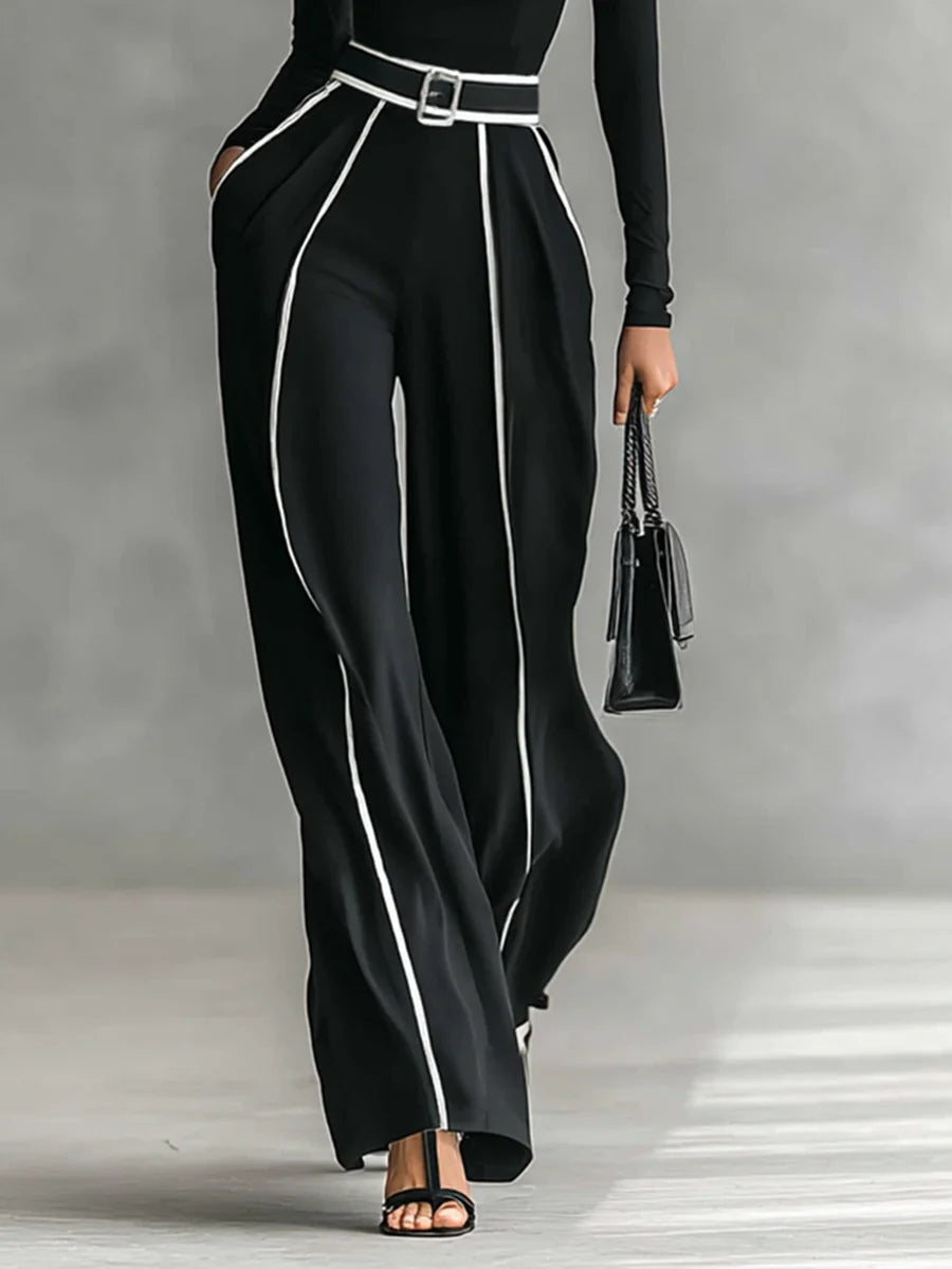 Solana | Conjunto de Cuello Alto, Manga Larga y Pantalón de Pernera Ancha con Cinturón