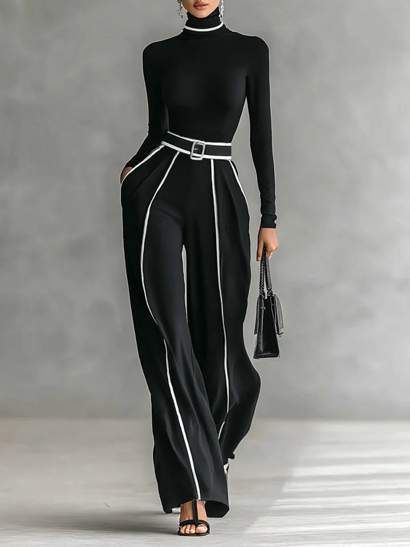 Solana | Conjunto de Cuello Alto, Manga Larga y Pantalón de Pernera Ancha con Cinturón