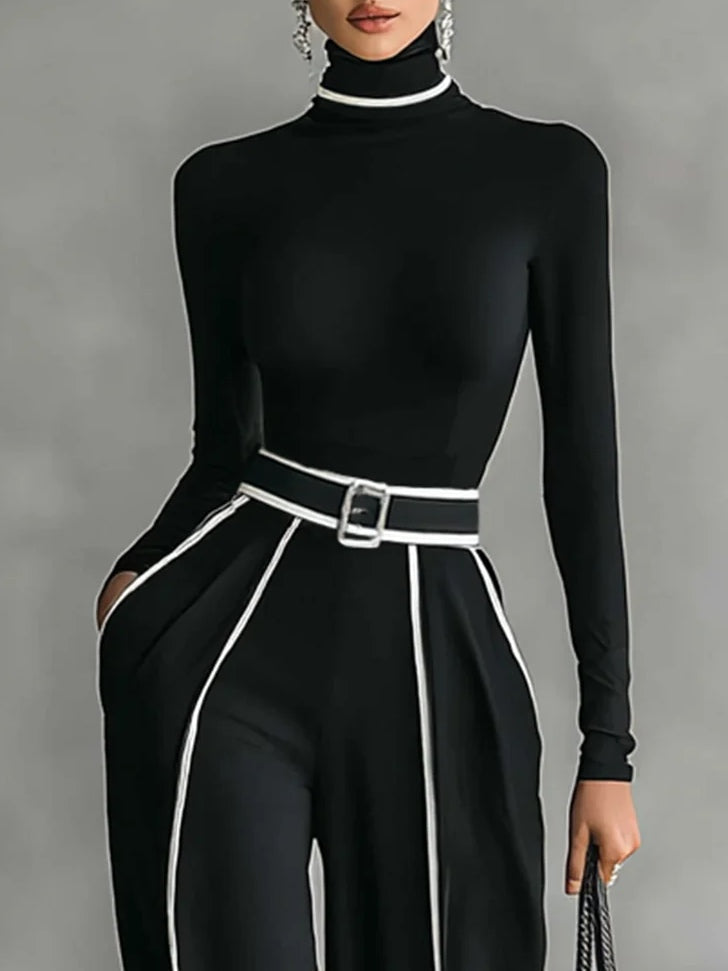 Solana | Conjunto de Cuello Alto, Manga Larga y Pantalón de Pernera Ancha con Cinturón