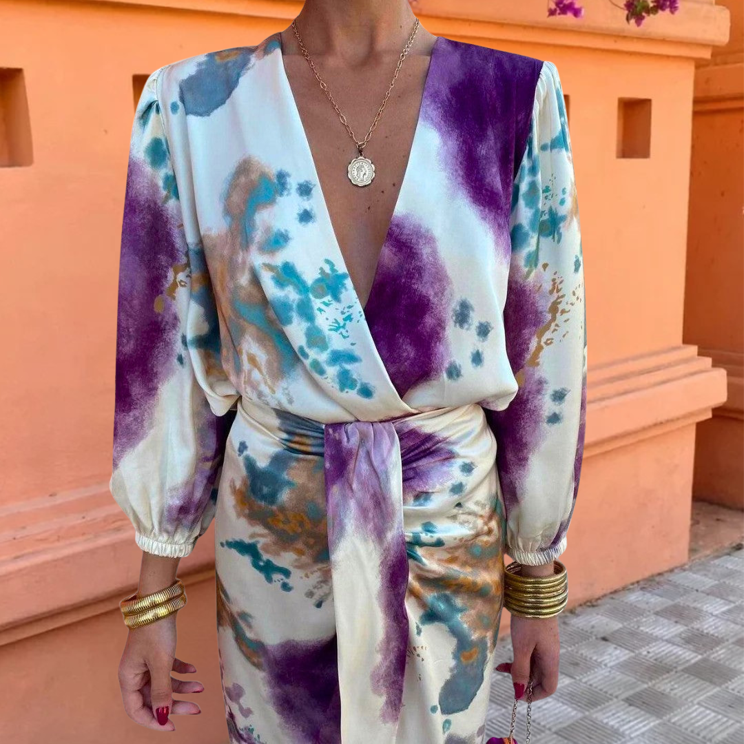 Amara | Vestido Midi Cruzado Con Estampado Artístico y Cinturón