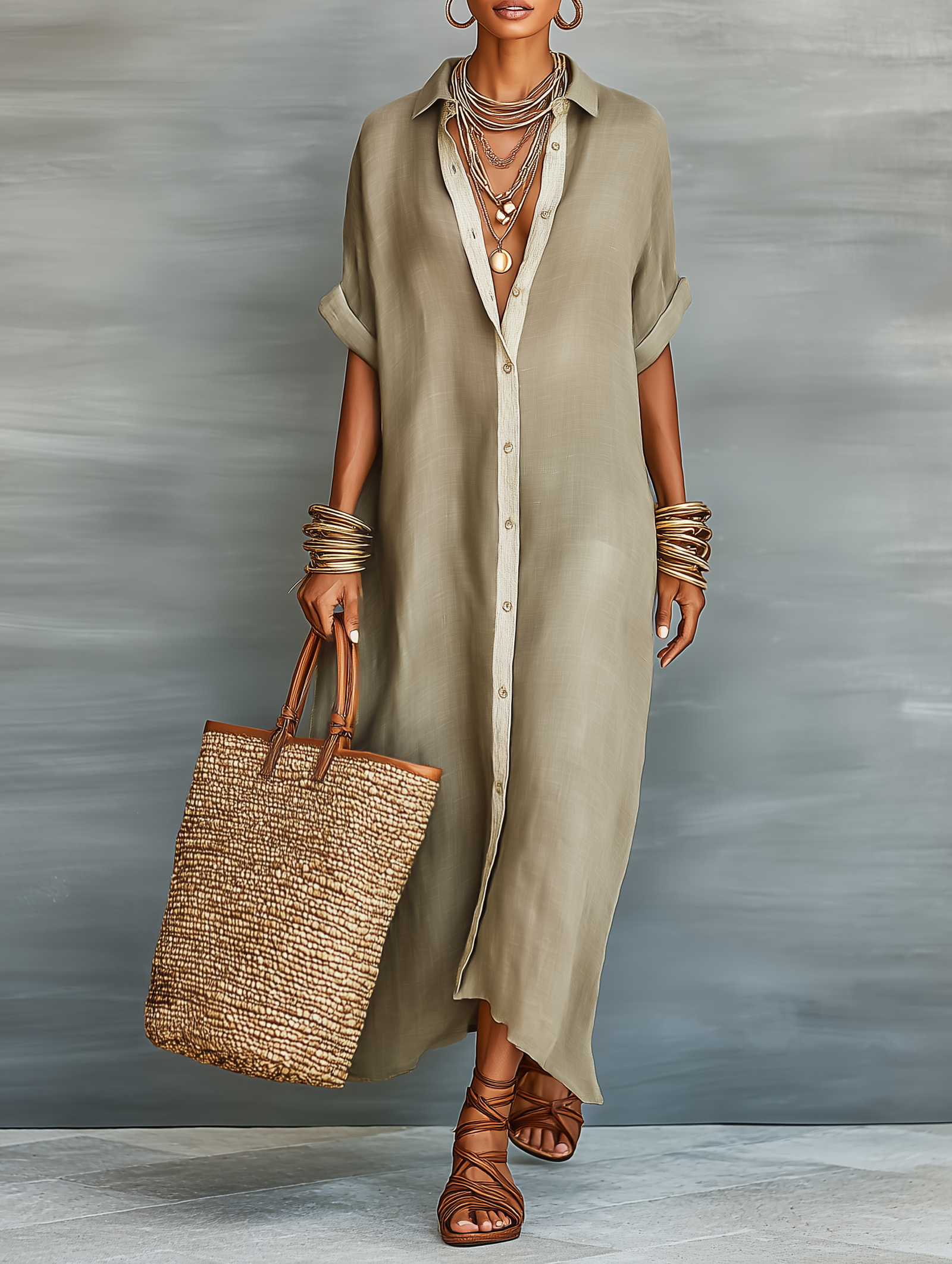 Esther | Vestido Camisero Maxi Minimalista para Mujer con Manga Corta